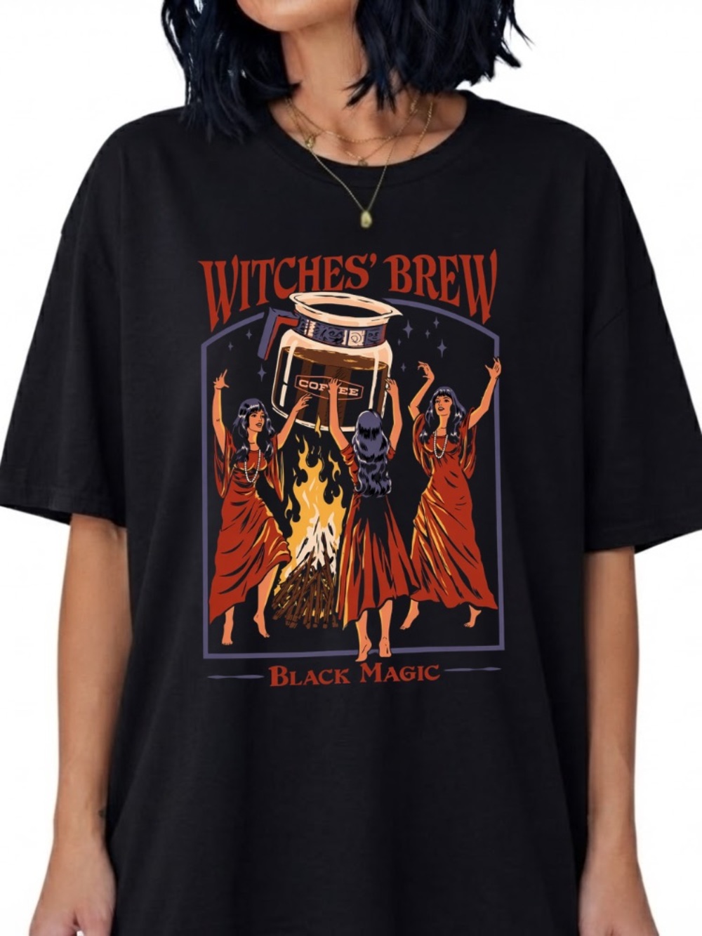 Witches' Brew Black Magic Coffee Pot Bonfire Witches Vintage Black T-Shirt